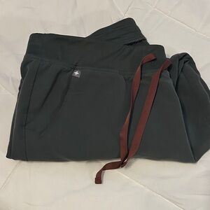 Figs Women's Scrub Pants in Dark Green with Maroon Tie